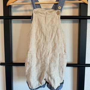 Tan and Gray Gingham Overalls